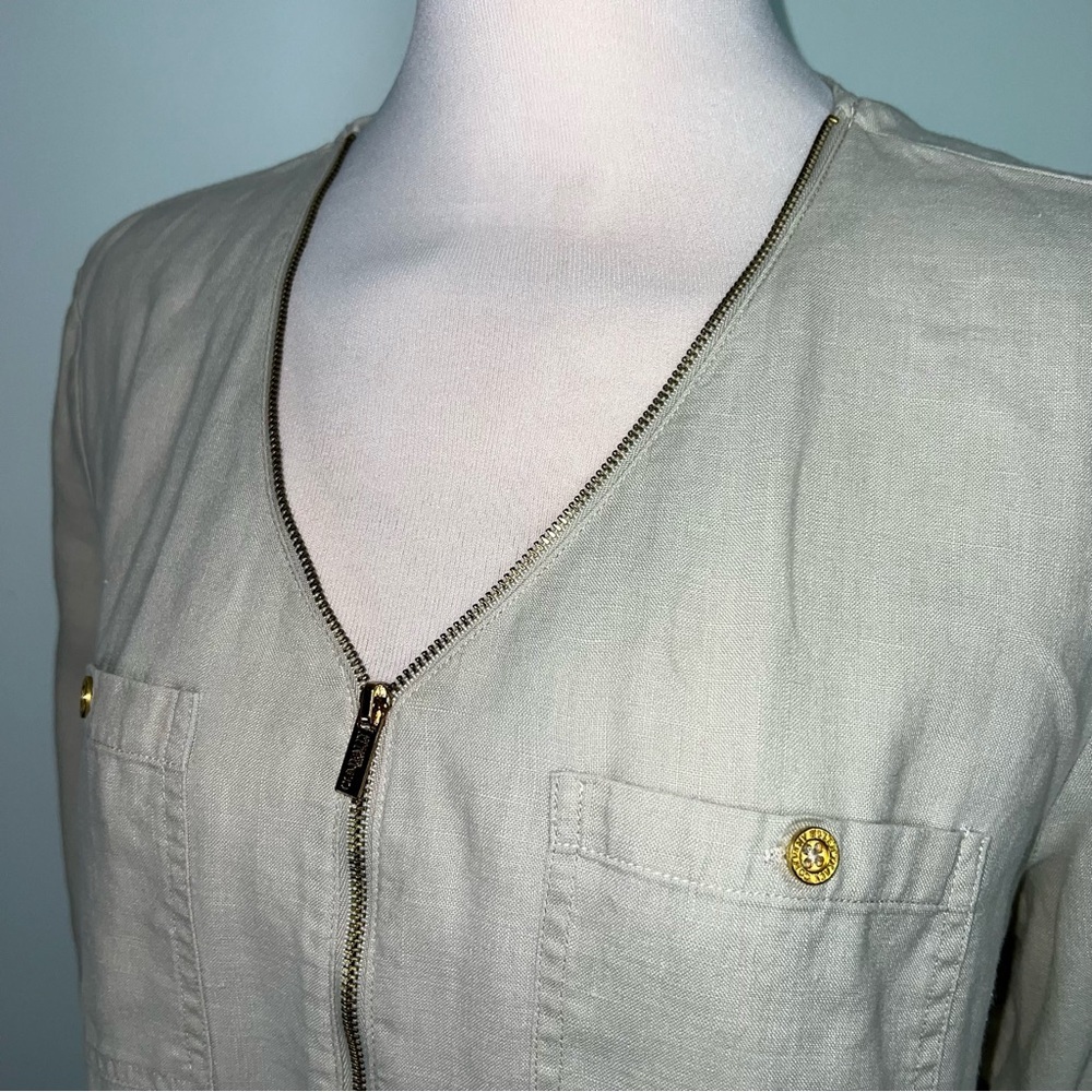 Company Ellen Tracy Linen Blouse Women’s Large Sand Zip Front Roll Sleeve Top - Picture 3 of 13